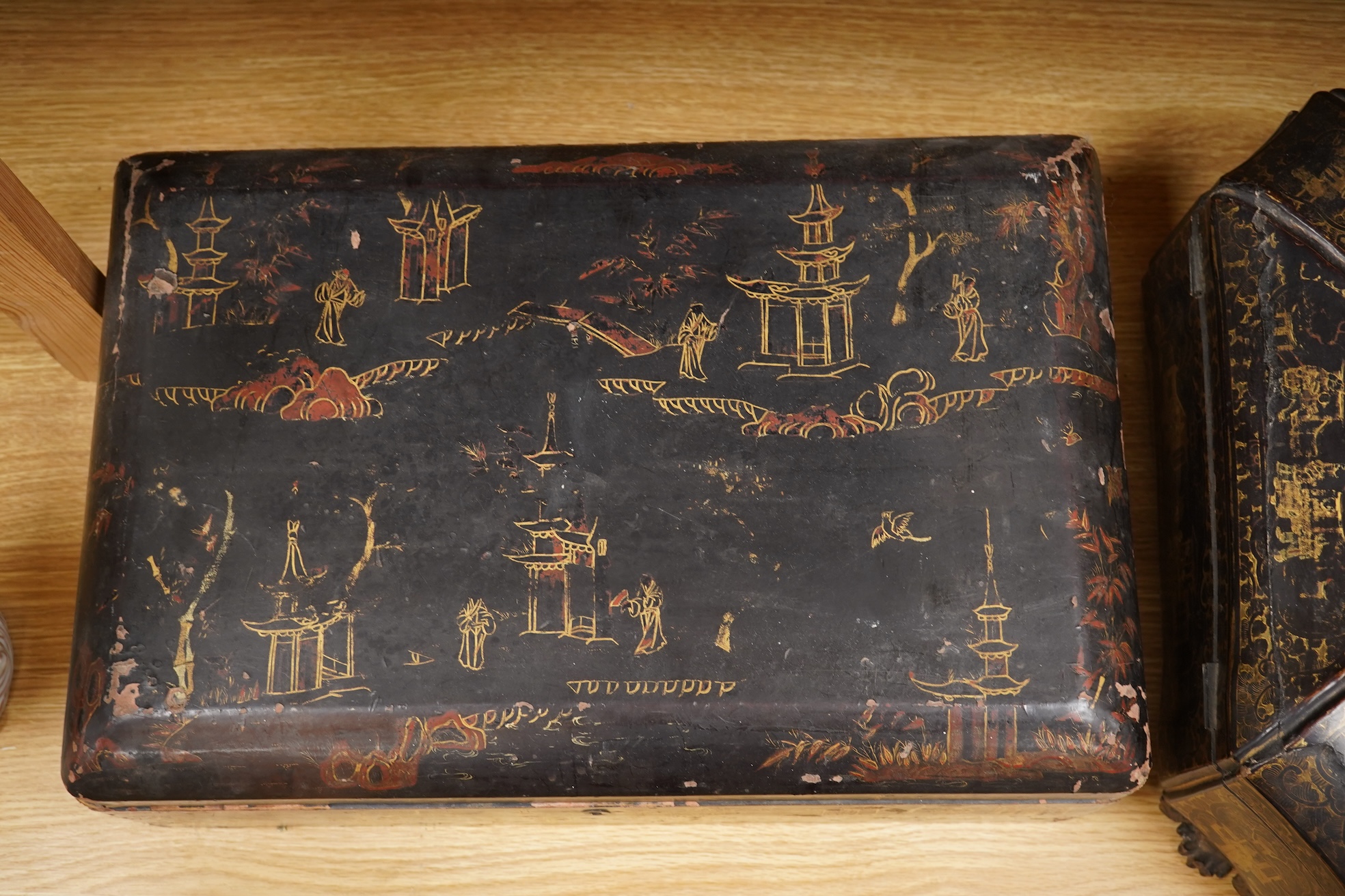 Two 19th century Chinese export lacquer boxes, to include a hexagonal example with front drawer and key, 36cm wide x 28cm deep x 16cm high